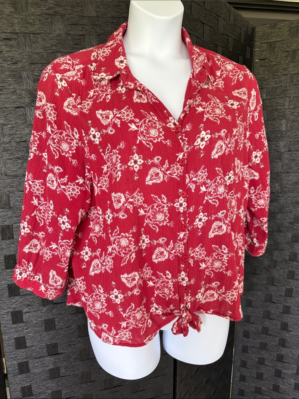 Bandana Crinkle Cotton Shirt, plus size, Button Front with Tie 1X